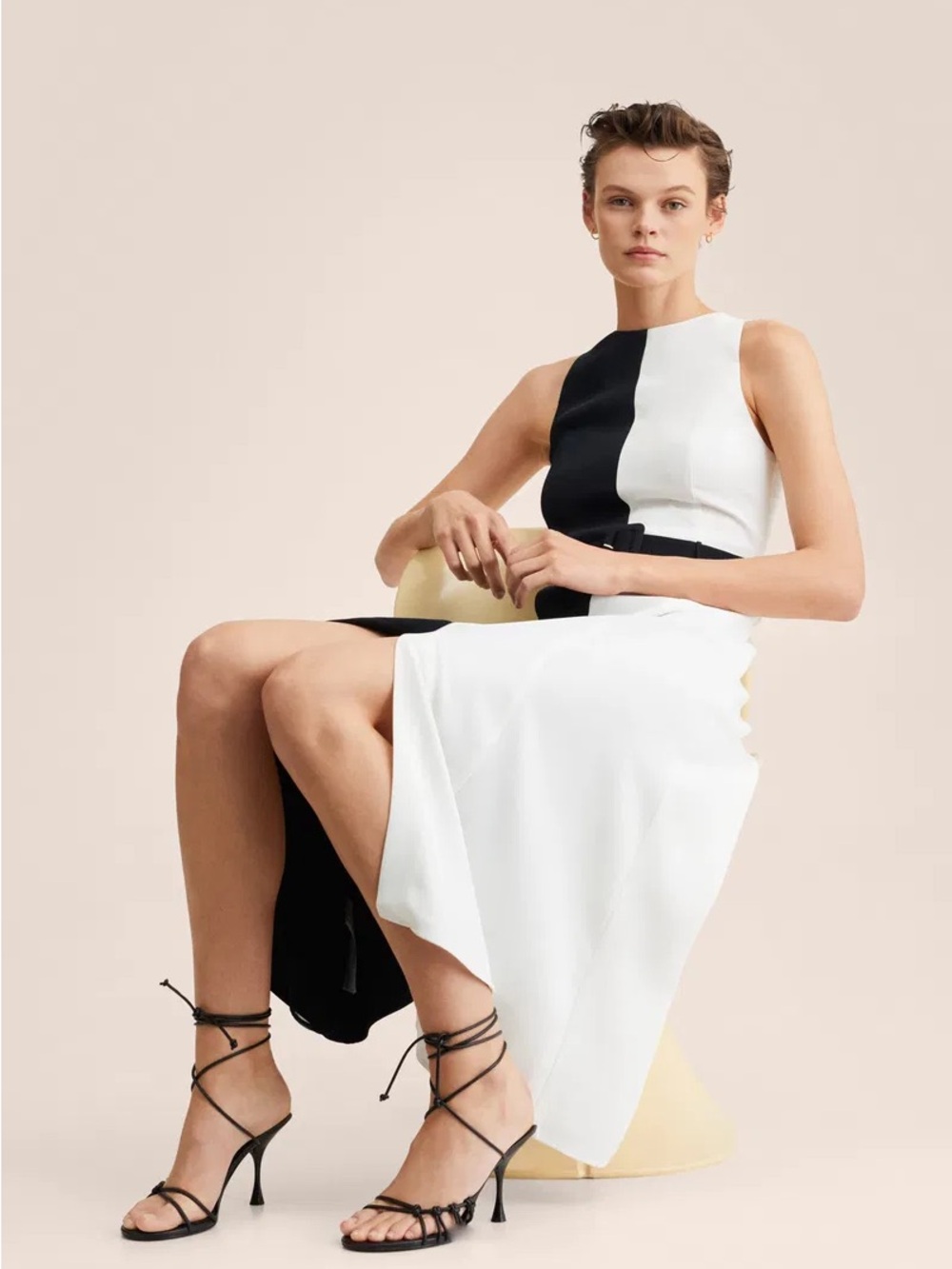 Mango Women's Bicolor Belted Black & White Colorblock Dress